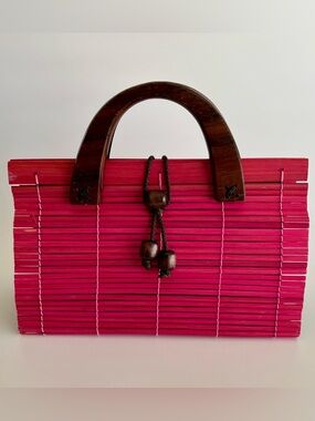 Handmade Bamboo Slat Clutch Pink Wooden Handle Statement Bag